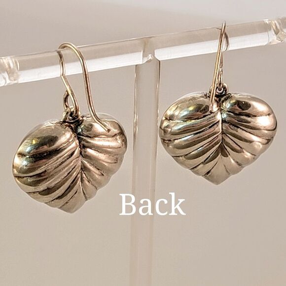 Vintage Sterling Puffy Leaf Heart Drop Earrings - Picture 5 of 6